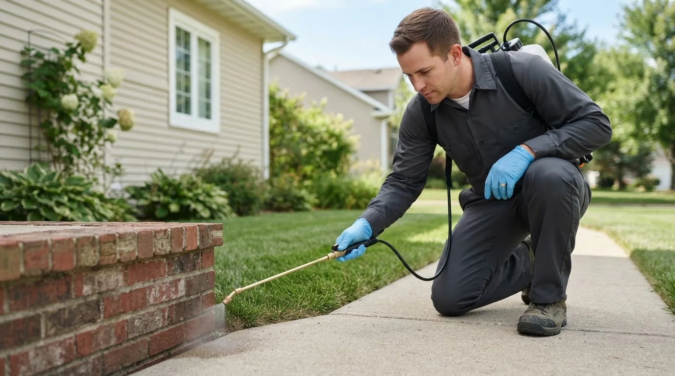 Pest control technician treating a home near Earth, TX